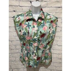 Hell Bunny Retro Flamingo Button Down Sleevless Cotton top Pin Up Size Large